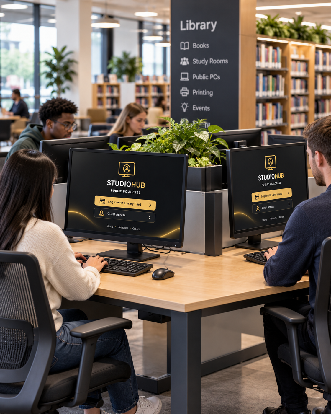 Public computer pod running StudioHub in a modern library