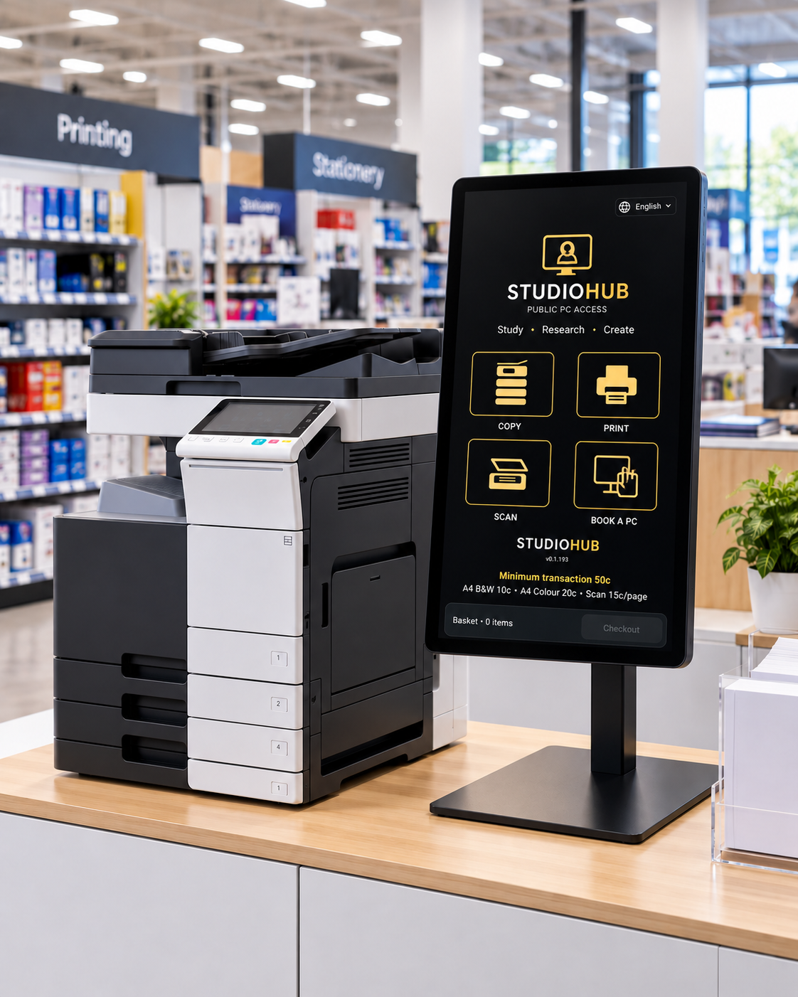 StudioHub document services kiosk beside a multifunction printer