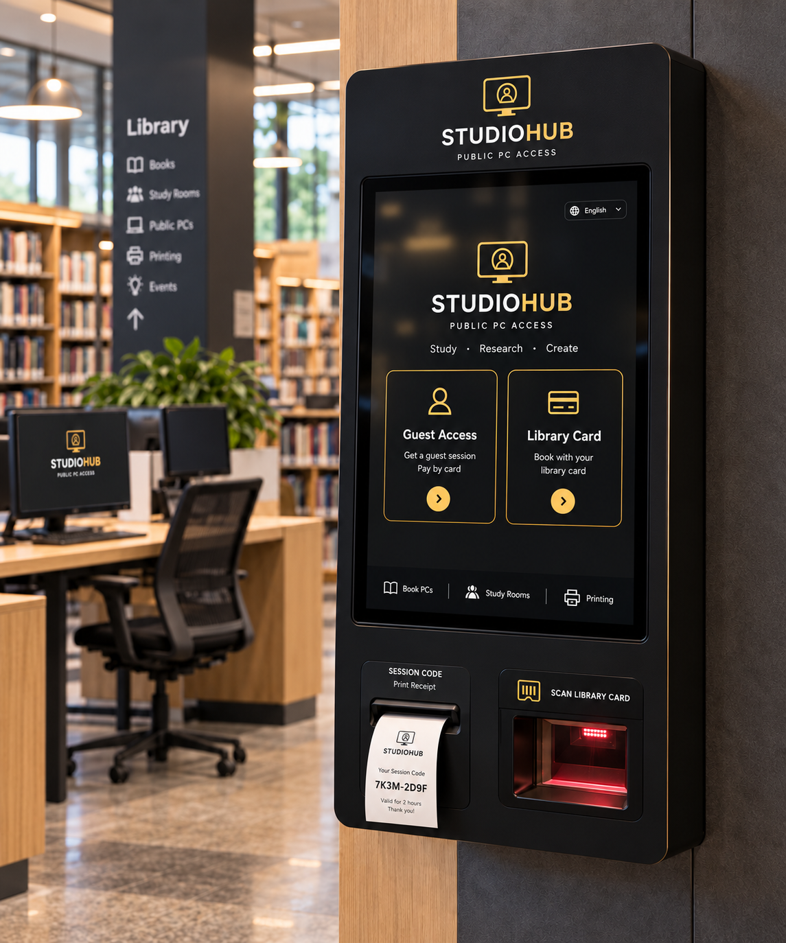 StudioHub self-service access and booking kiosk in a library
