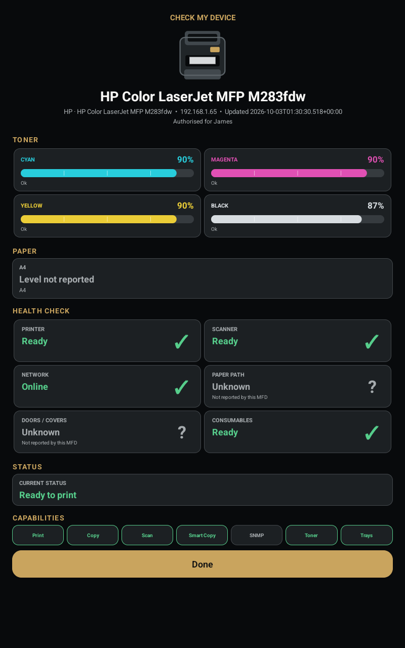 StudioHub Kiosk MFD device health screen