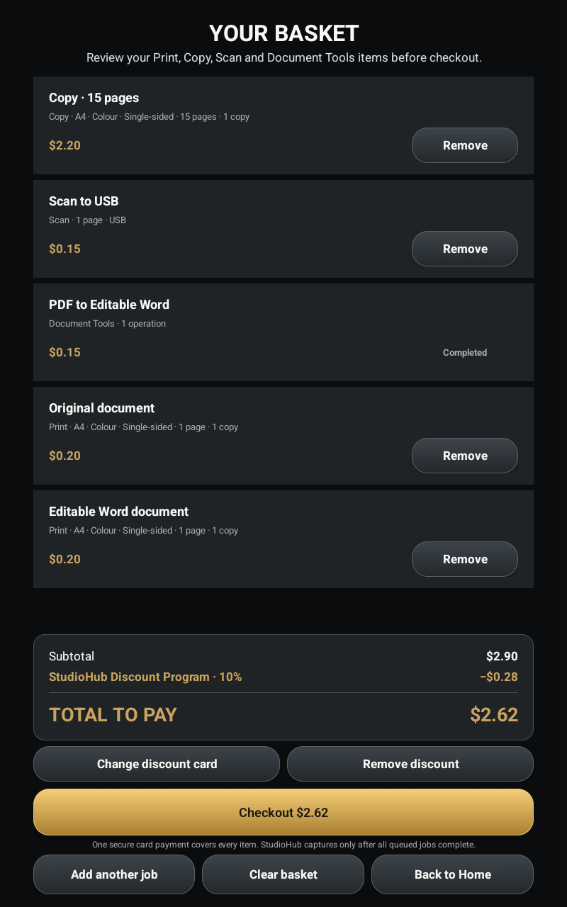 StudioHub Kiosk basket checkout screen